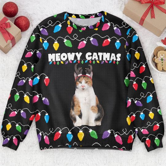 Meowy Catmas Christmas Funny Cats - Personalized Photo Ugly Sweater - Image 4