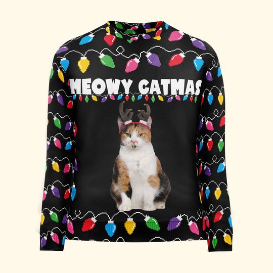 Meowy Catmas Christmas Funny Cats - Personalized Photo Ugly Sweater - Image 6