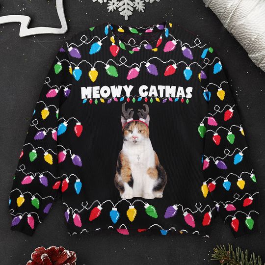 Meowy Catmas Christmas Funny Cats - Personalized Photo Ugly Sweater - Image 5