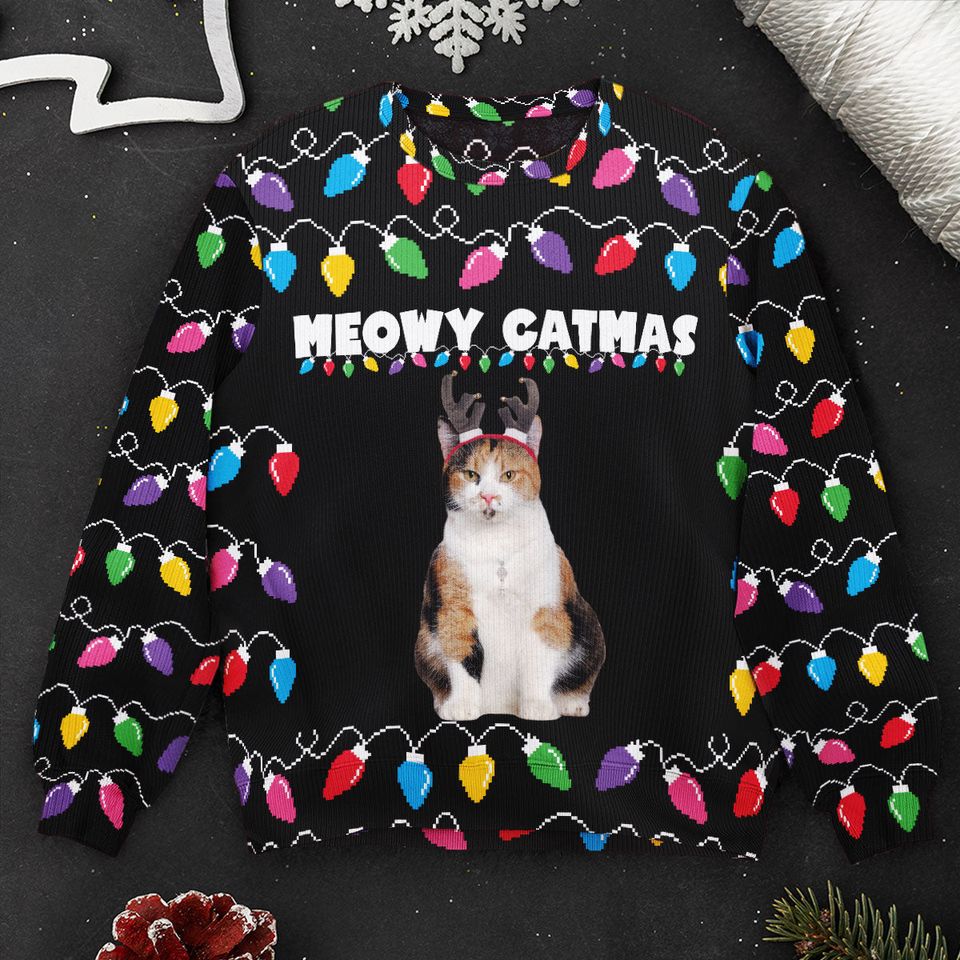 Meowy Catmas Christmas Funny Cats - Personalized Photo Ugly Sweater - Image 2
