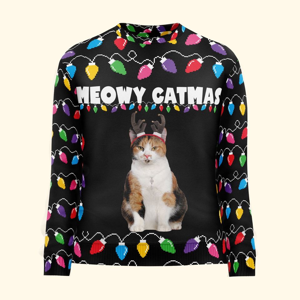 Meowy Catmas Christmas Funny Cats - Personalized Photo Ugly Sweater - Image 3