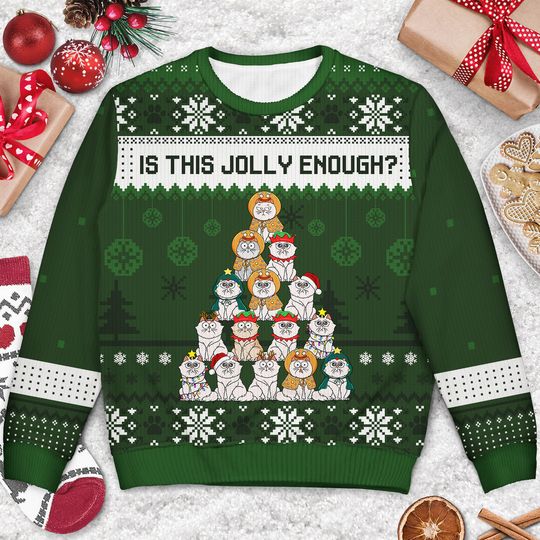 Meowy Catmas Christmas Tree Cartoon Style Cat Lovers Personalized Unisex Ugly Sweatshirt - Image 6