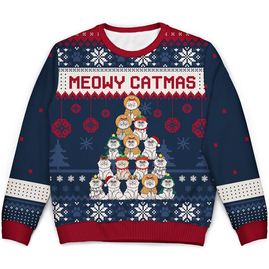 Meowy Catmas Christmas Tree Cartoon Style Cat Lovers Personalized Unisex Ugly Sweatshirt - Image 4