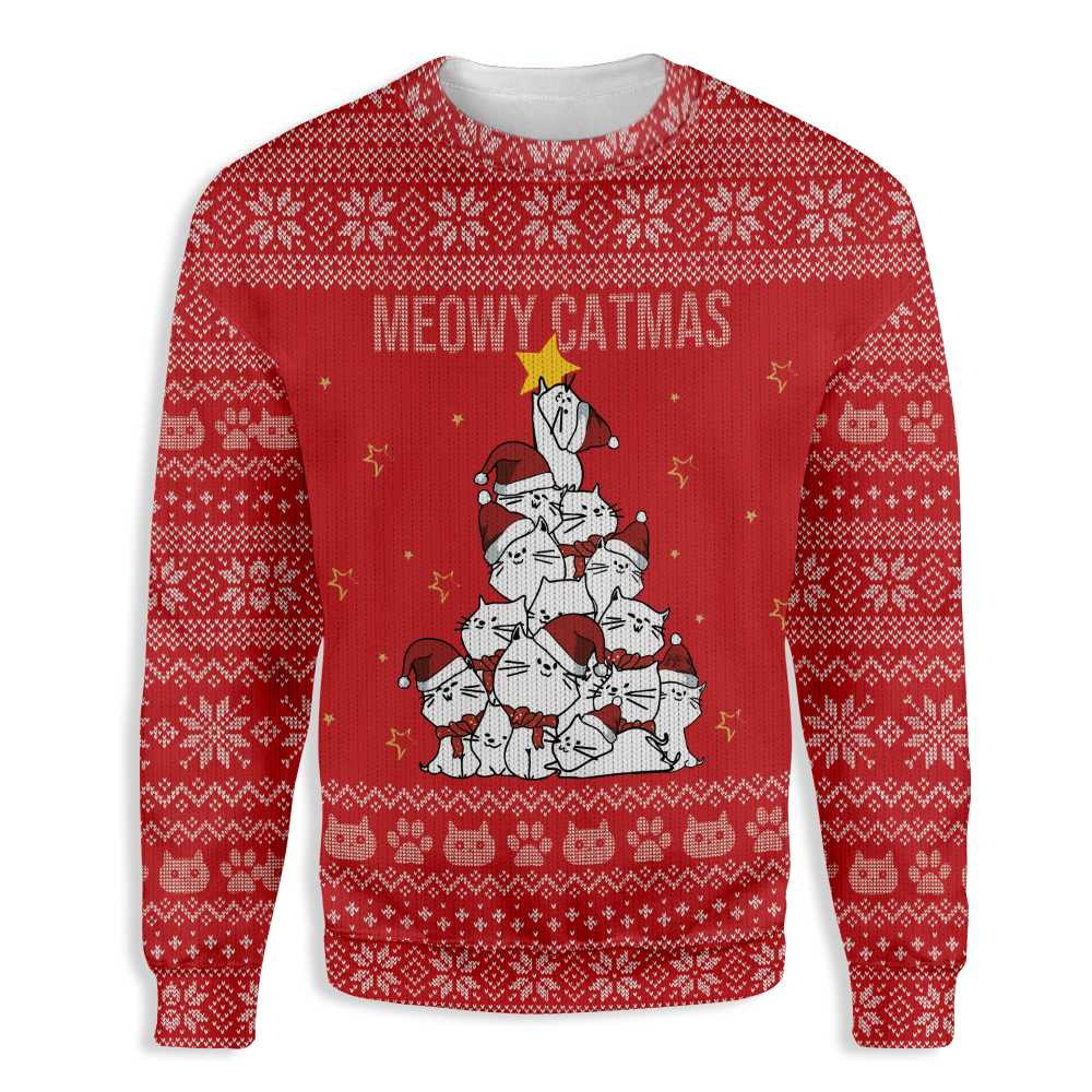 Meowy Catmas Christmas Tree Ugly Christmas Sweater Adult 3D Funny Matching for family