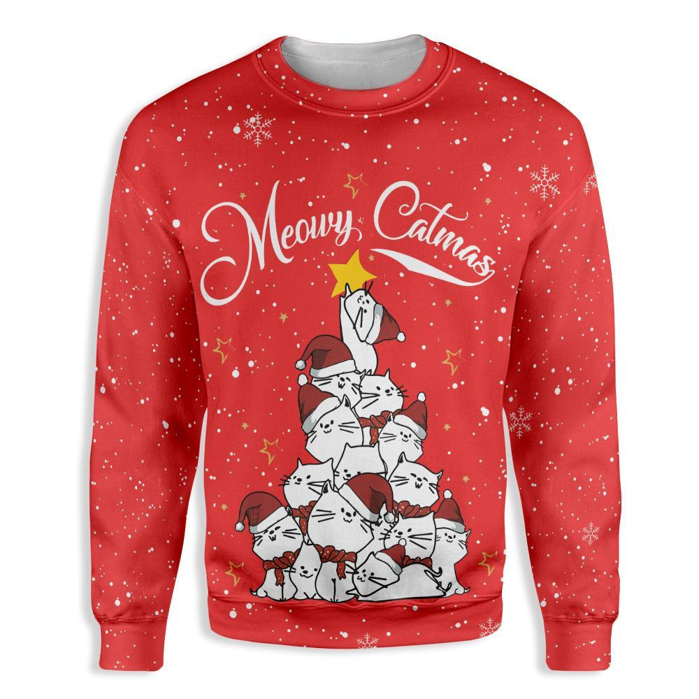 Meowy Catmas Christmas Tree Ugly Christmas Sweater Adult 3D Funny Matching for family