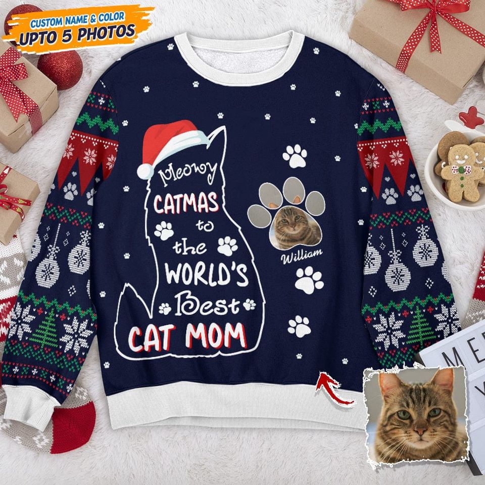 Meowy Catmas To The World Cat AOP Ugly Sweatshirt
