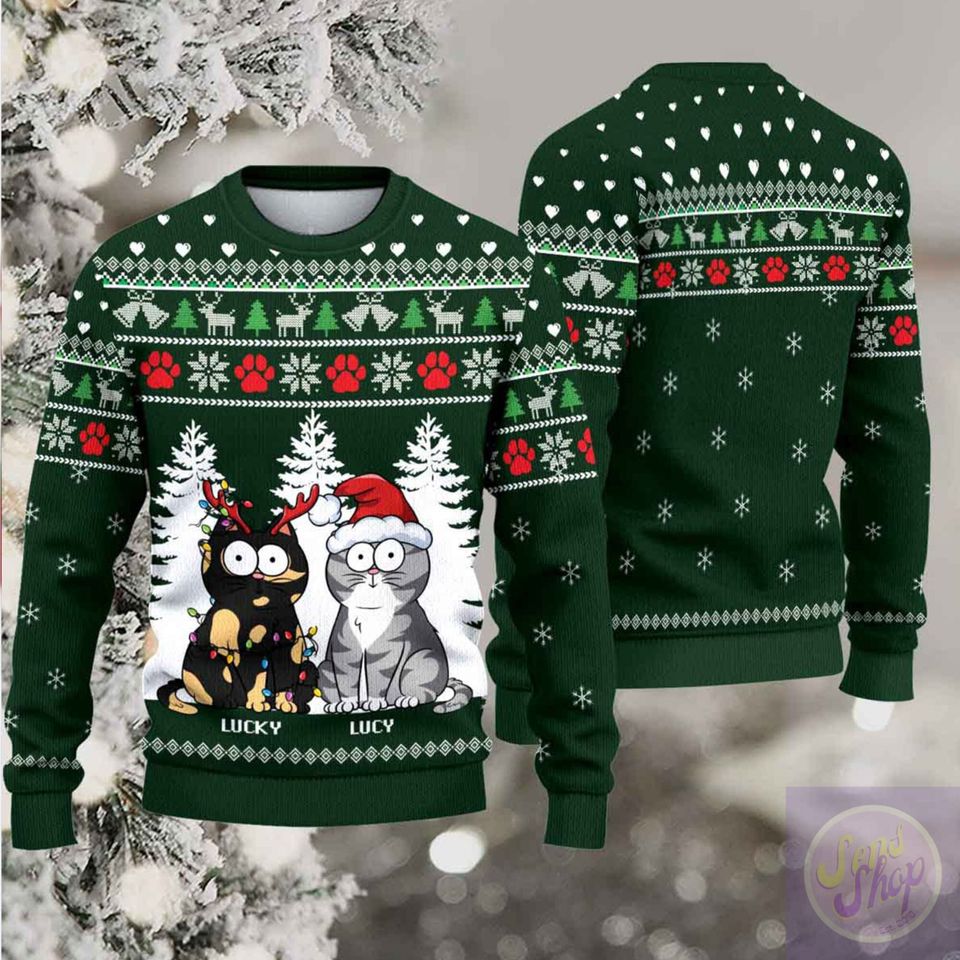 Meowy Catmas Ugly Christmas Pattern, Personalized Cat Ugly Sweatshirt