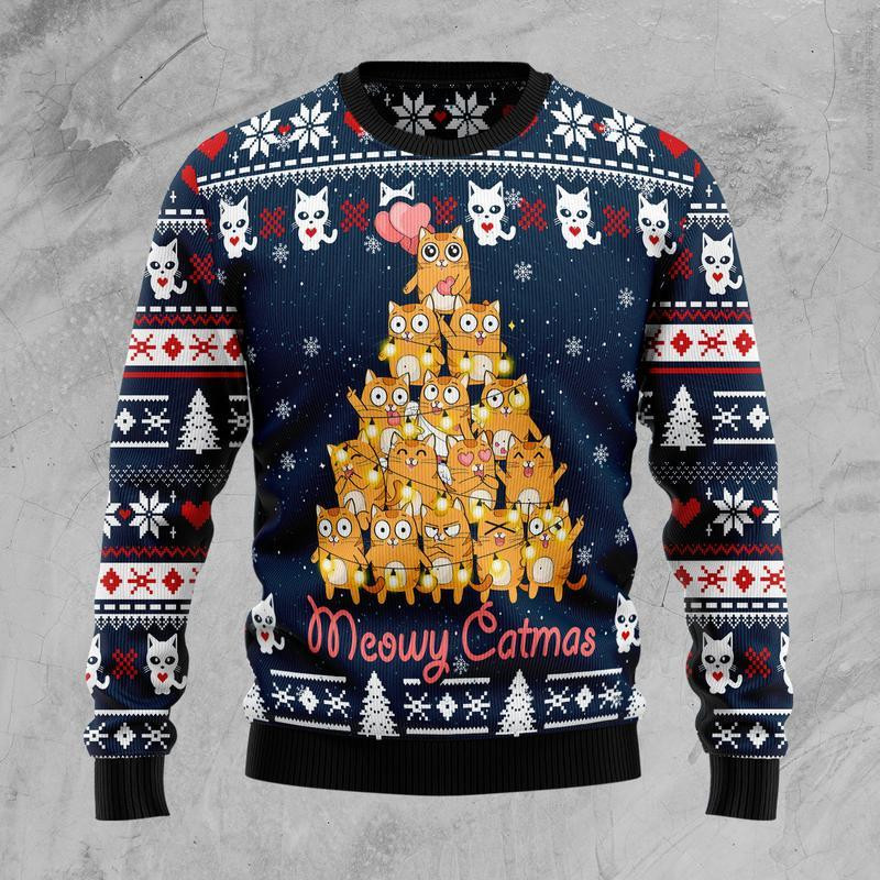 Meowy Catmas Ugly Christmas Sweater Adult 3D Funny Matching for family