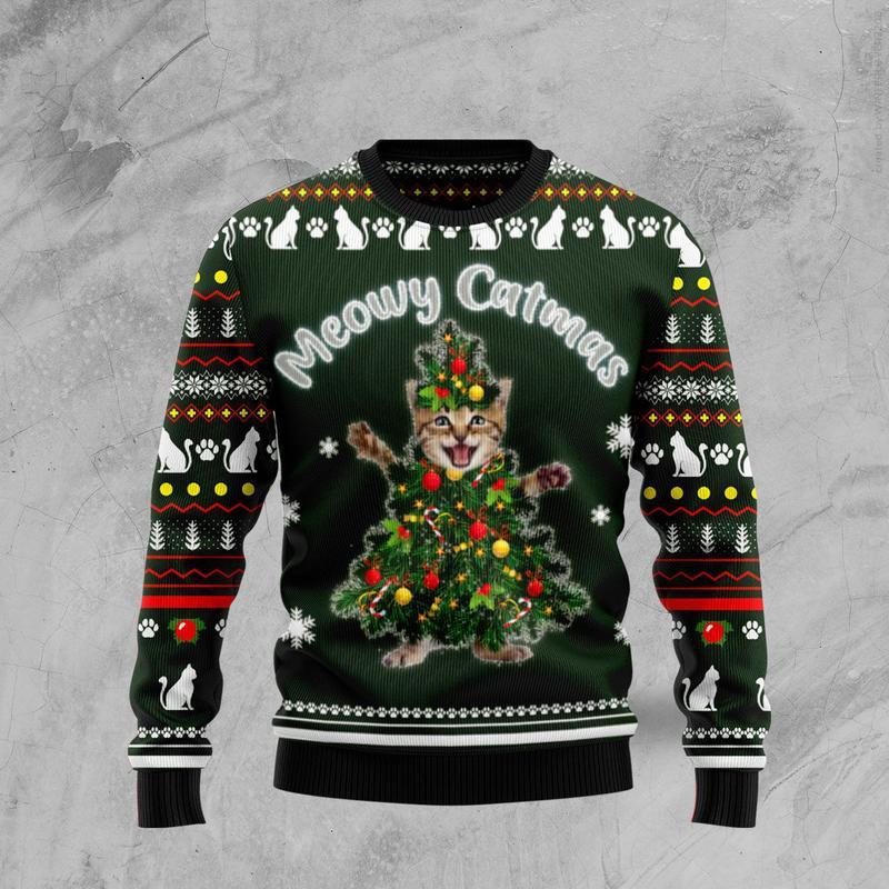 Meowy Catmas Ugly Christmas Sweater Adult 3D Funny Matching for family