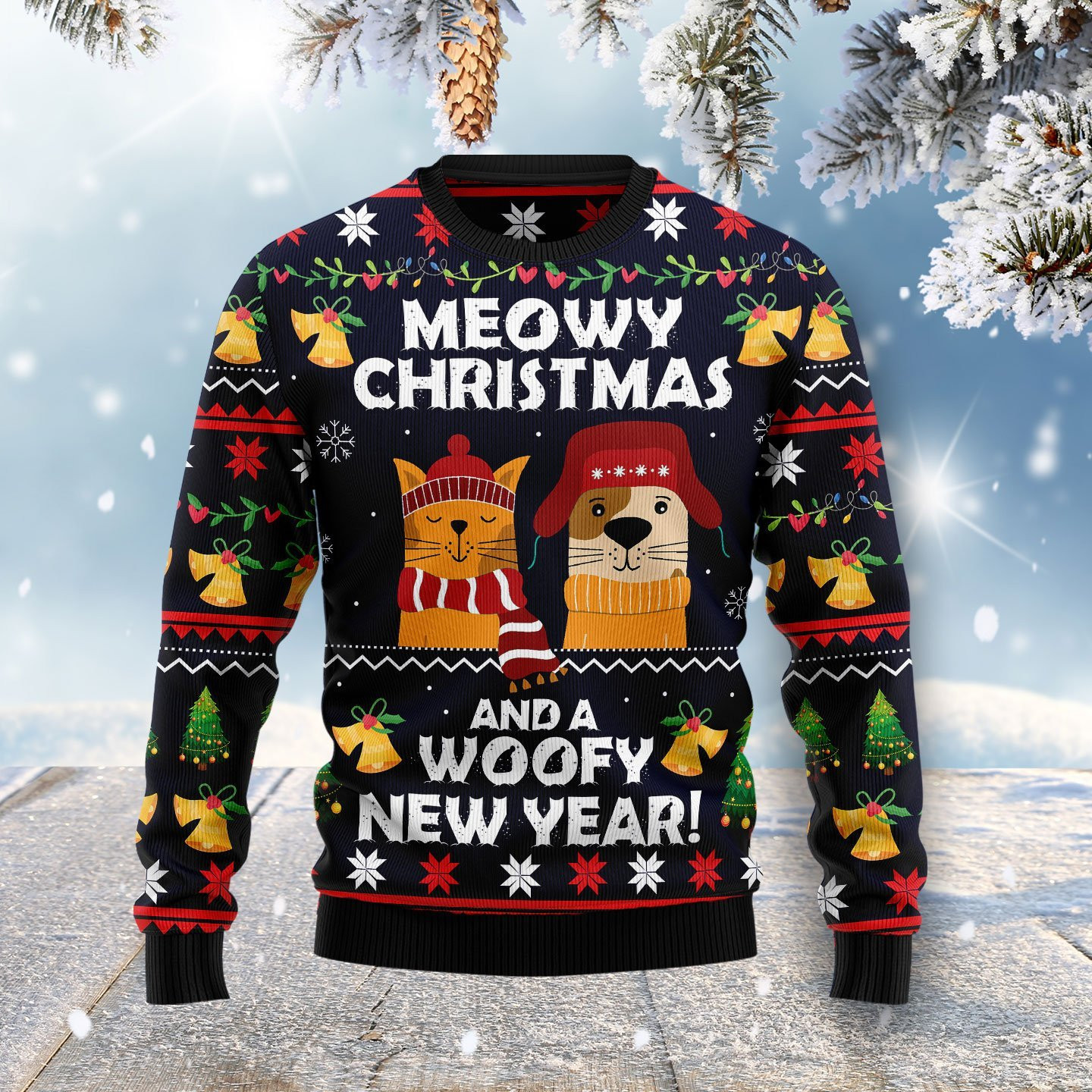 Meowy Christmas And Woofy New Year Ugly Christmas Sweater Adult 3D Funny Matching for family