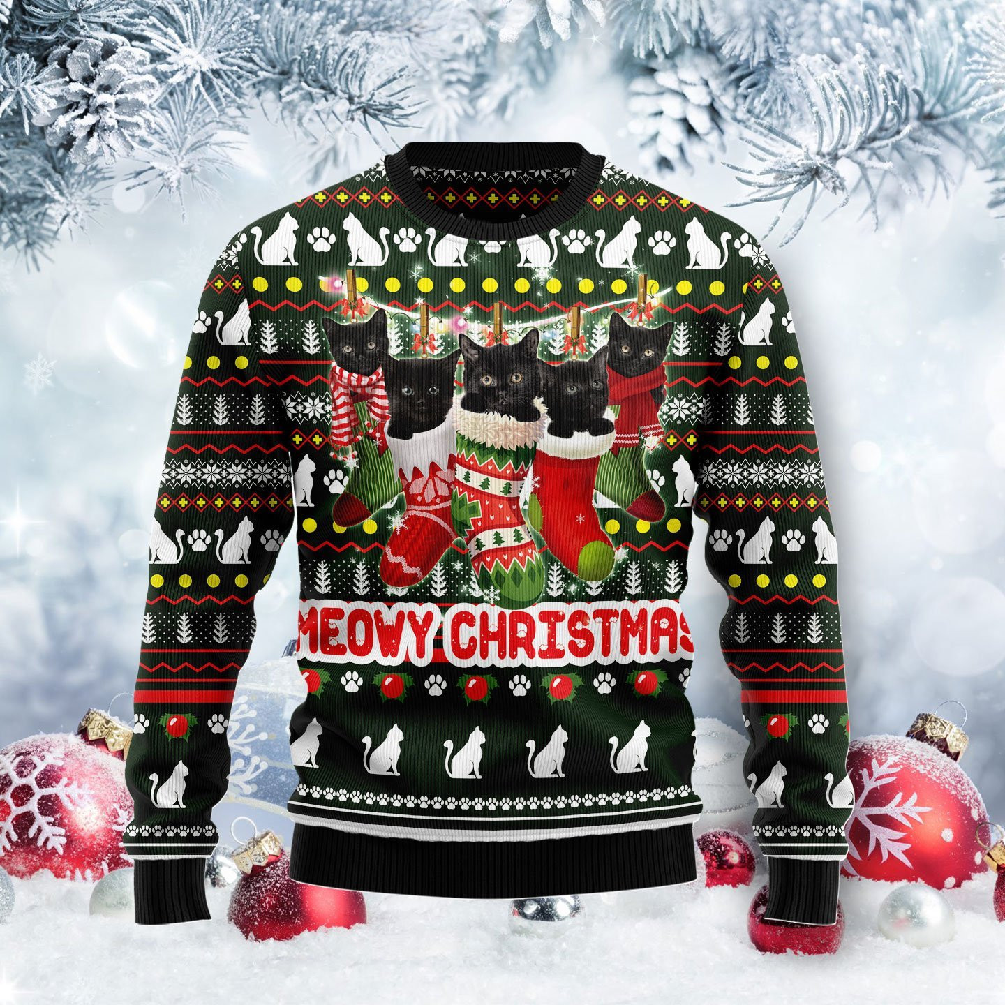 Meowy Christmas Black Cat Ugly Christmas Sweater Adult 3D Funny Matching for family