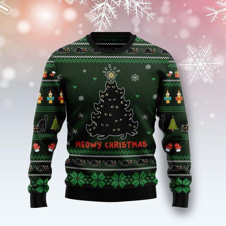 Meowy Christmas Black Cat Ugly Christmas Sweater Adult 3D Funny Matching for family