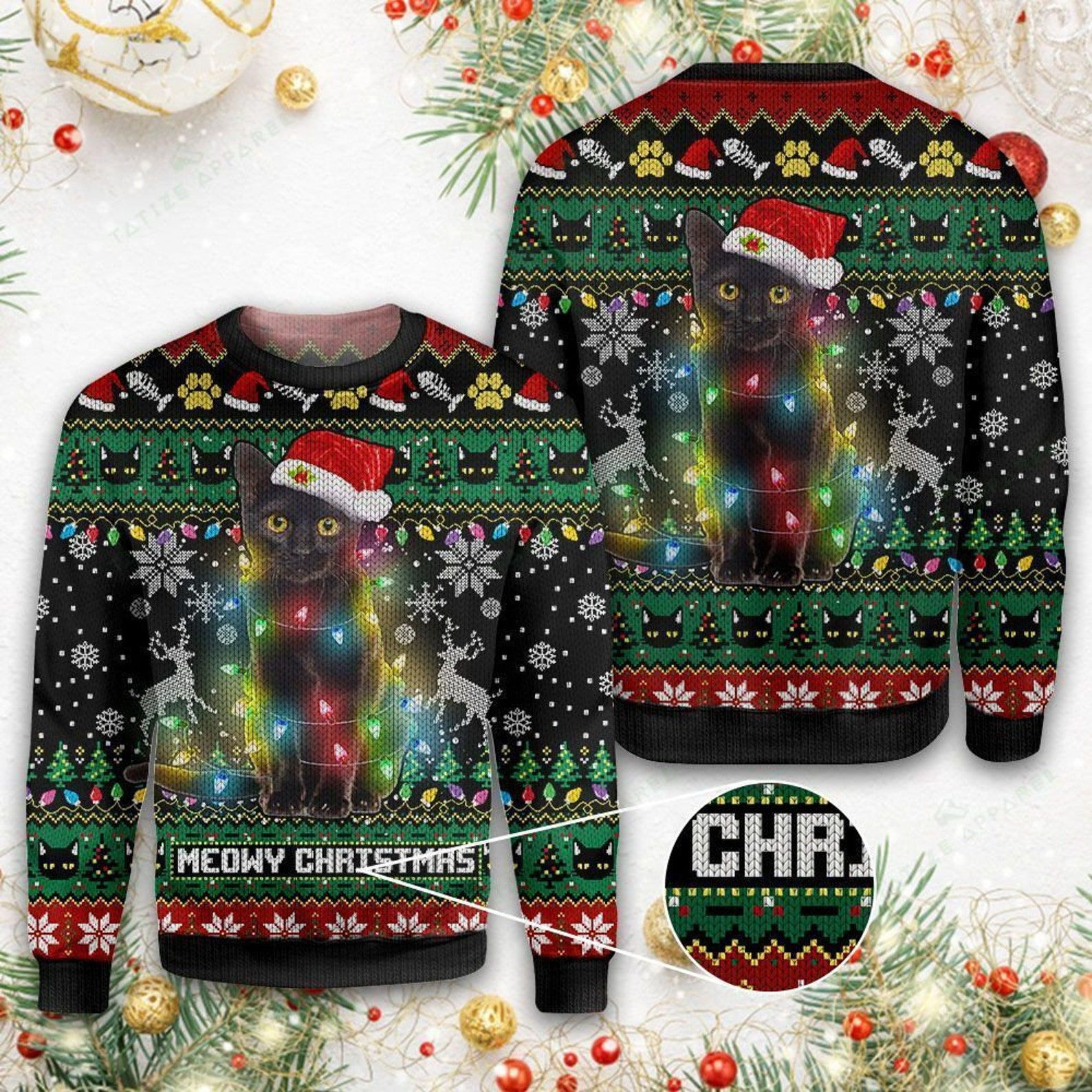 Meowy Christmas Cat Light Santa Hat For Unisex Ugly Christmas Sweater Adult 3D Funny Matching for family