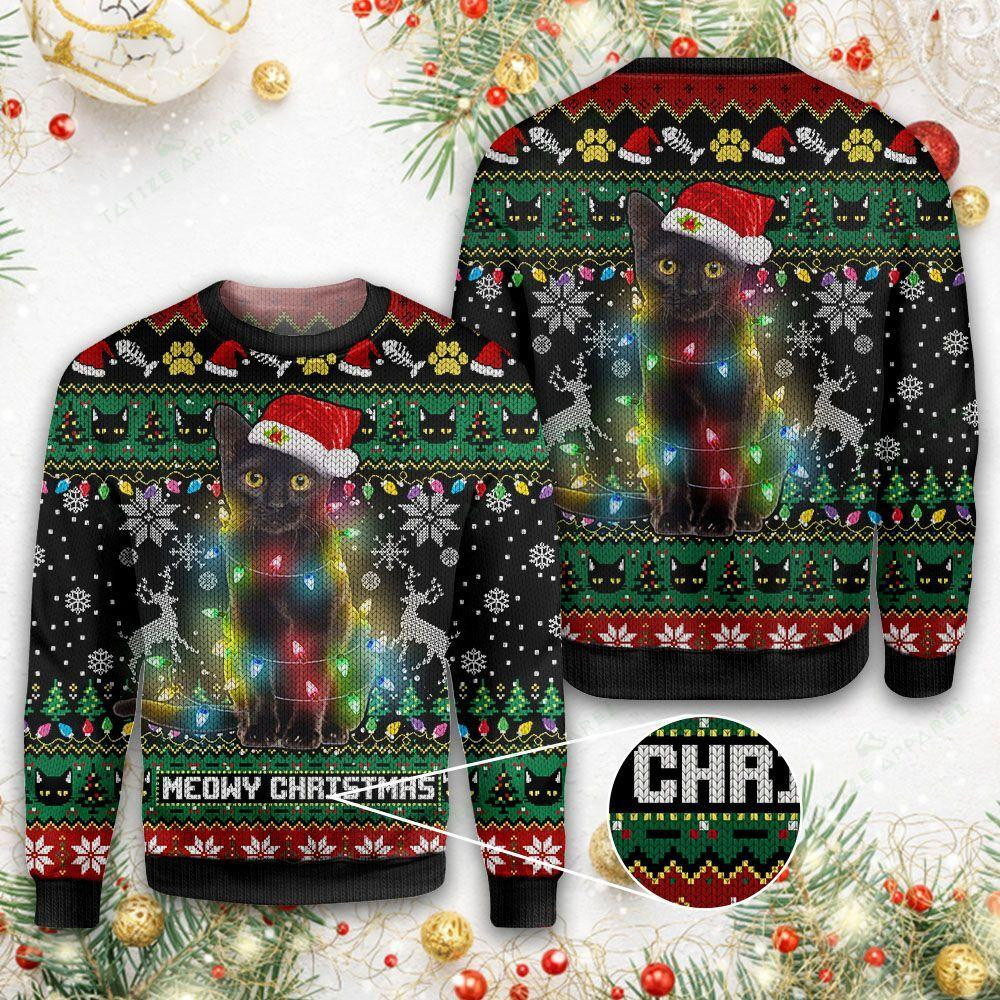Meowy Christmas Cat Ugly Christmas Sweater Adult 3D Funny Matching for family
