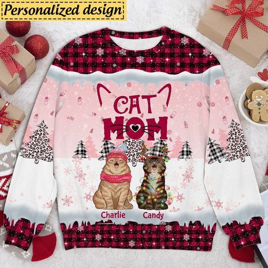 Meowy Christmas Loves Cute Laughing Cats Personalized Sweater - Gift For Cat Lovers - Image 2