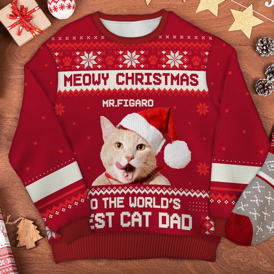 Meowy Christmas to the Best Cat Dad & Mom - Personalized Ugly Christmas Sweatshirt - Image 3