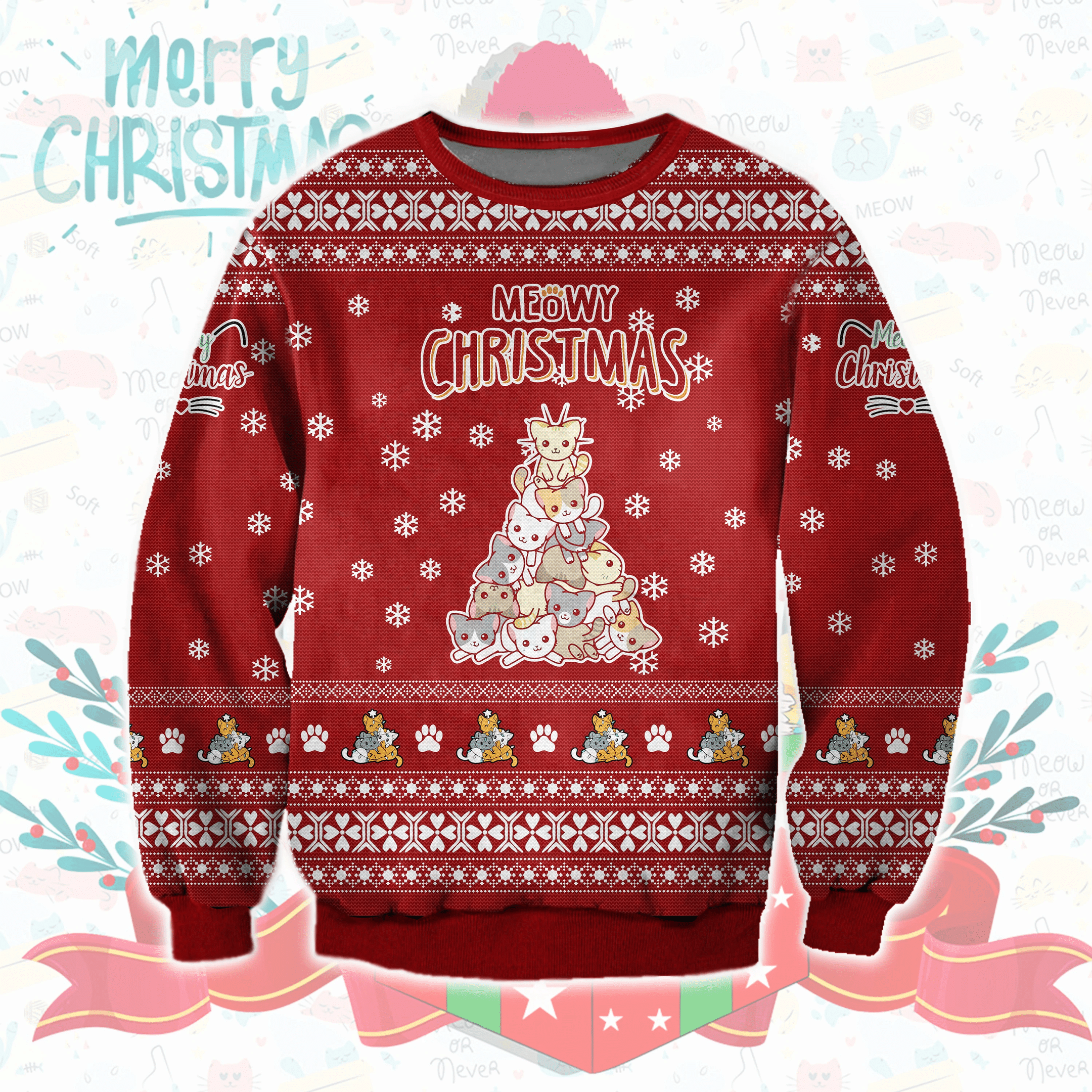 Meowy Christmas Ugly Christmas Sweater Adult 3D Funny Matching for family