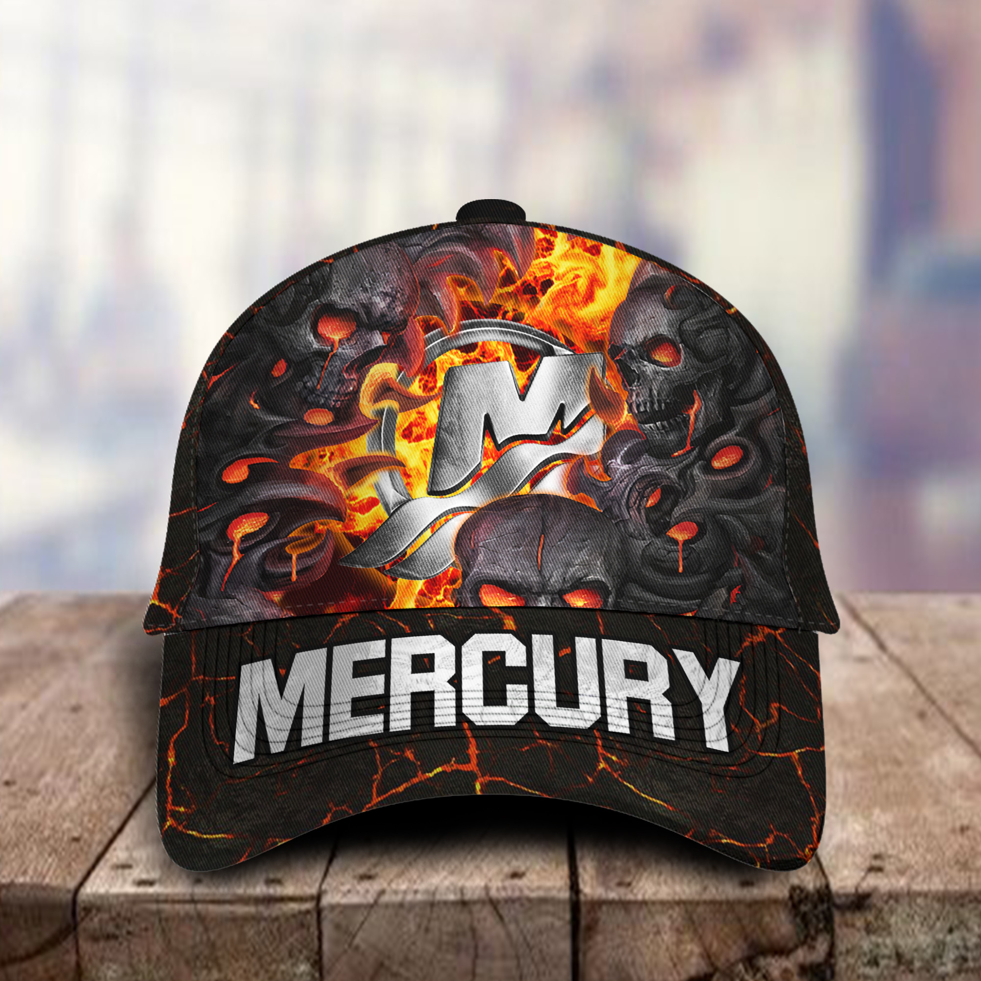 Mercury Marine 3D Classic Cap Skull Fire Car Motor Brand Hats Trucker Hats Custom Hats Gifts For Men & Women
