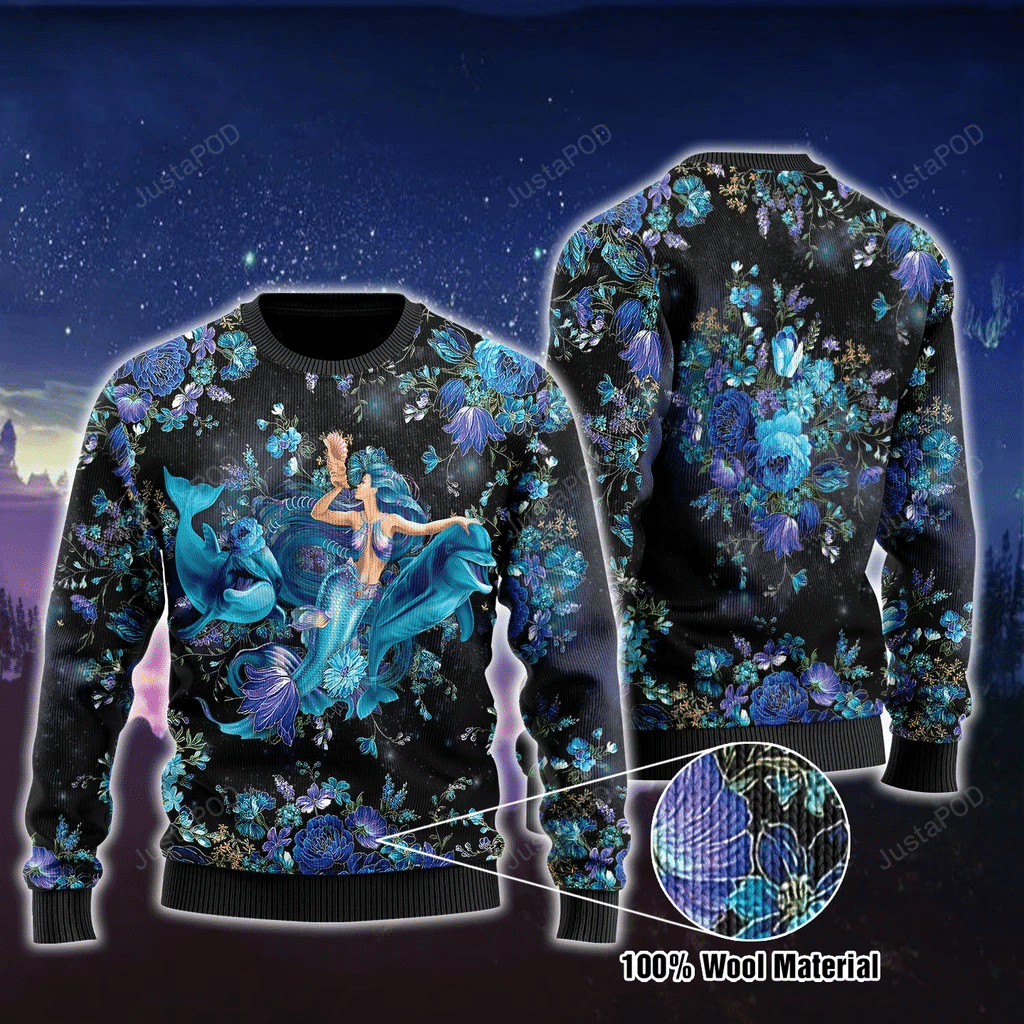 Mermaid And Dolphins Blue Flower Ugly Christmas Sweater Adult 3D Funny Matching for family