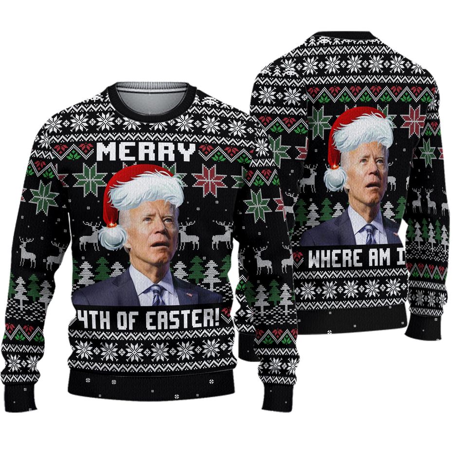 Merry 4th of Easter 3D shirt, Biden President Santa Ugly Christmas Sweater