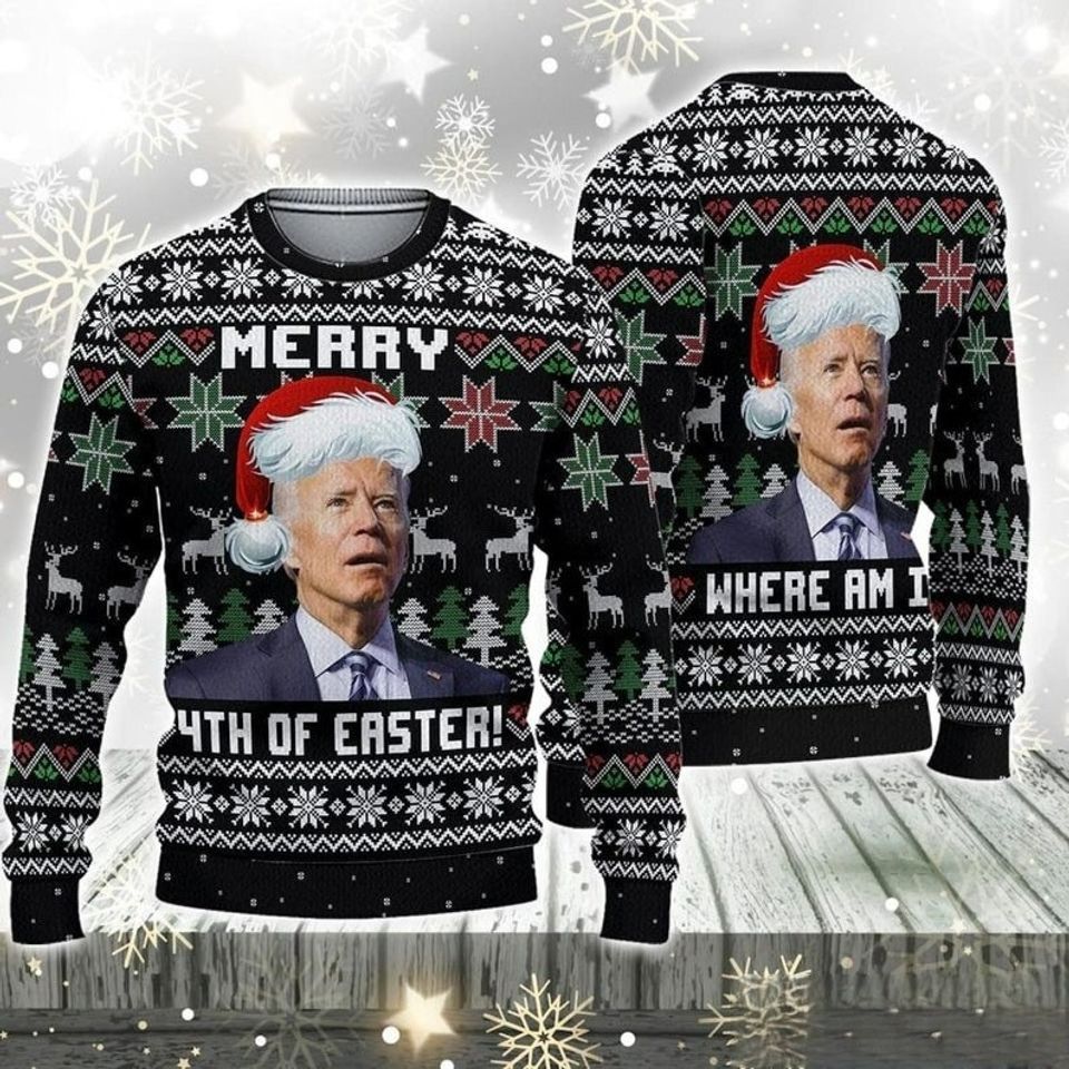 Merry 4th Of Easter 3D Shirt, Biden President Santa Ugly Christmas Sweater
