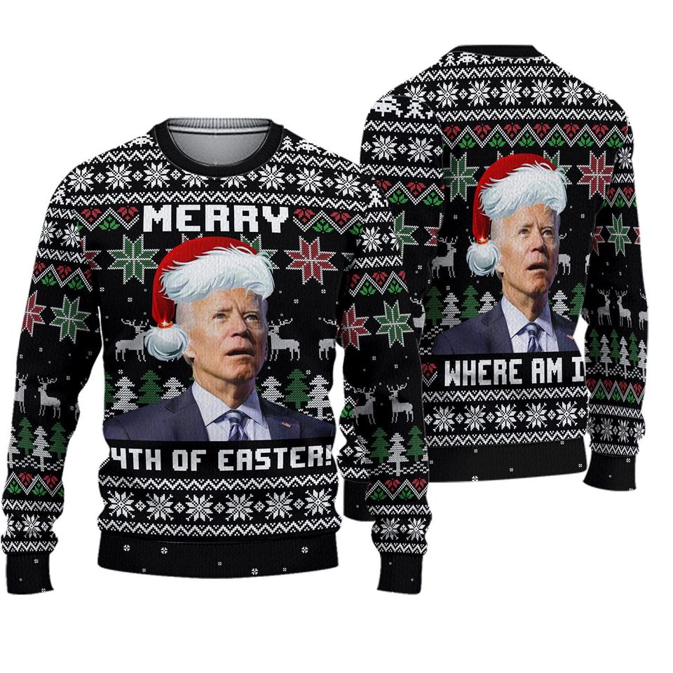 Merry 4th Of Easter shirt, Biden President Santa Ugly Christmas Sweater