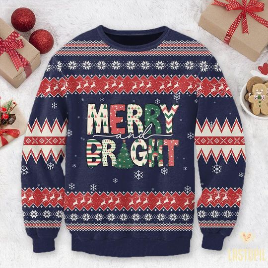 Merry and Bright Ugly Christmas Sweater Retro Christmas Crewneck Shirt - Image 11