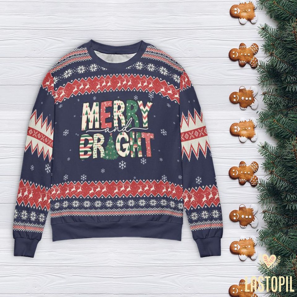 Merry and Bright Ugly Christmas Sweater Retro Christmas Crewneck Shirt - Image 4