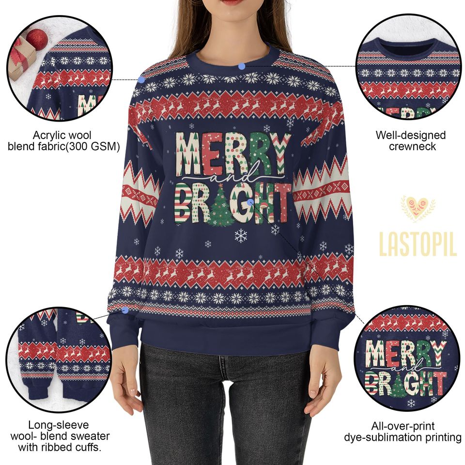 Merry and Bright Ugly Christmas Sweater Retro Christmas Crewneck Shirt - Image 6