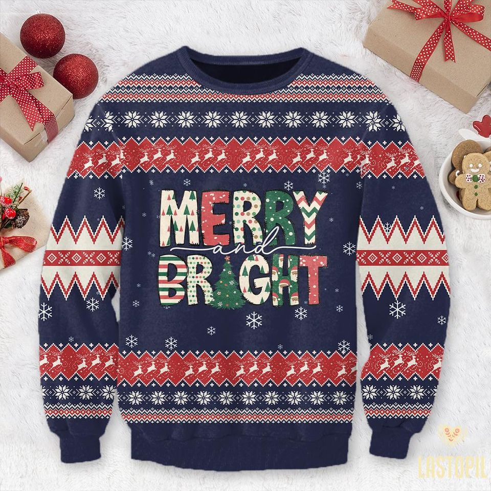 Merry and Bright Ugly Christmas Sweater Retro Christmas Crewneck Shirt - Image 2