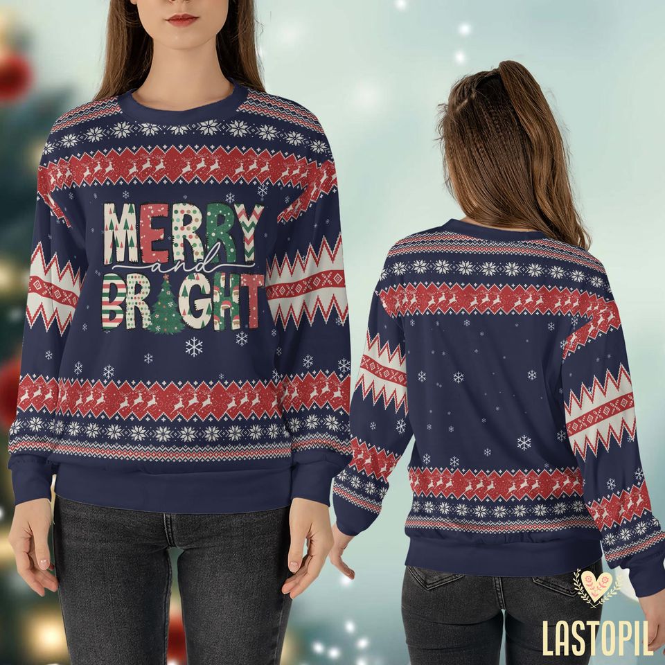 Merry and Bright Ugly Christmas Sweater Retro Christmas Crewneck Shirt - Image 3