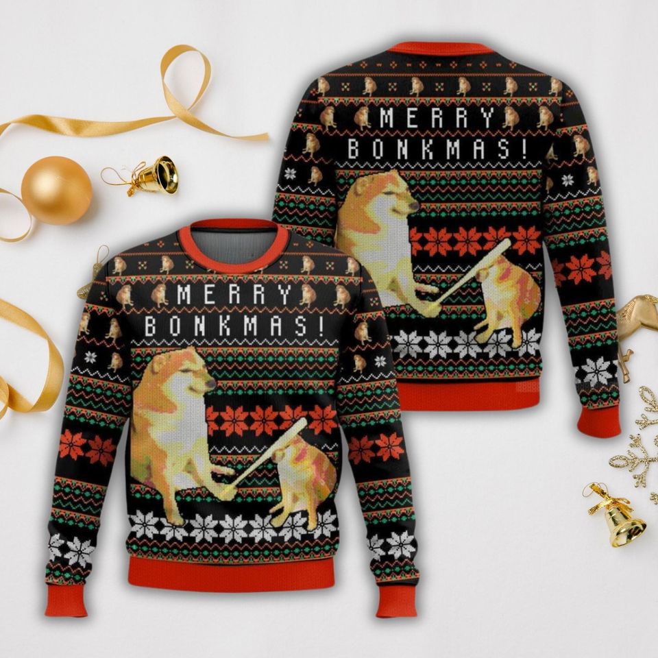 Merry Bonkmas Cheems Ugly Sweater, Funny Cheems Meme Christmas Sweater