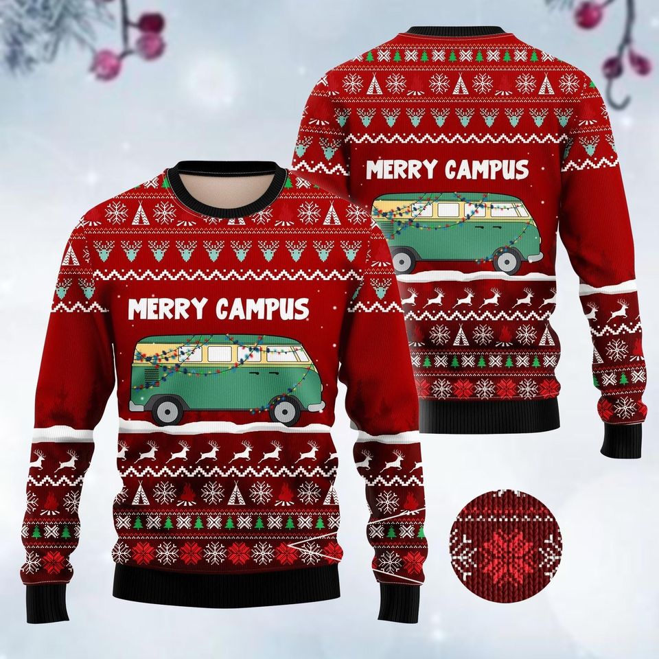 Merry Campus Ugly Christmas Sweater, Green Truck Christmas