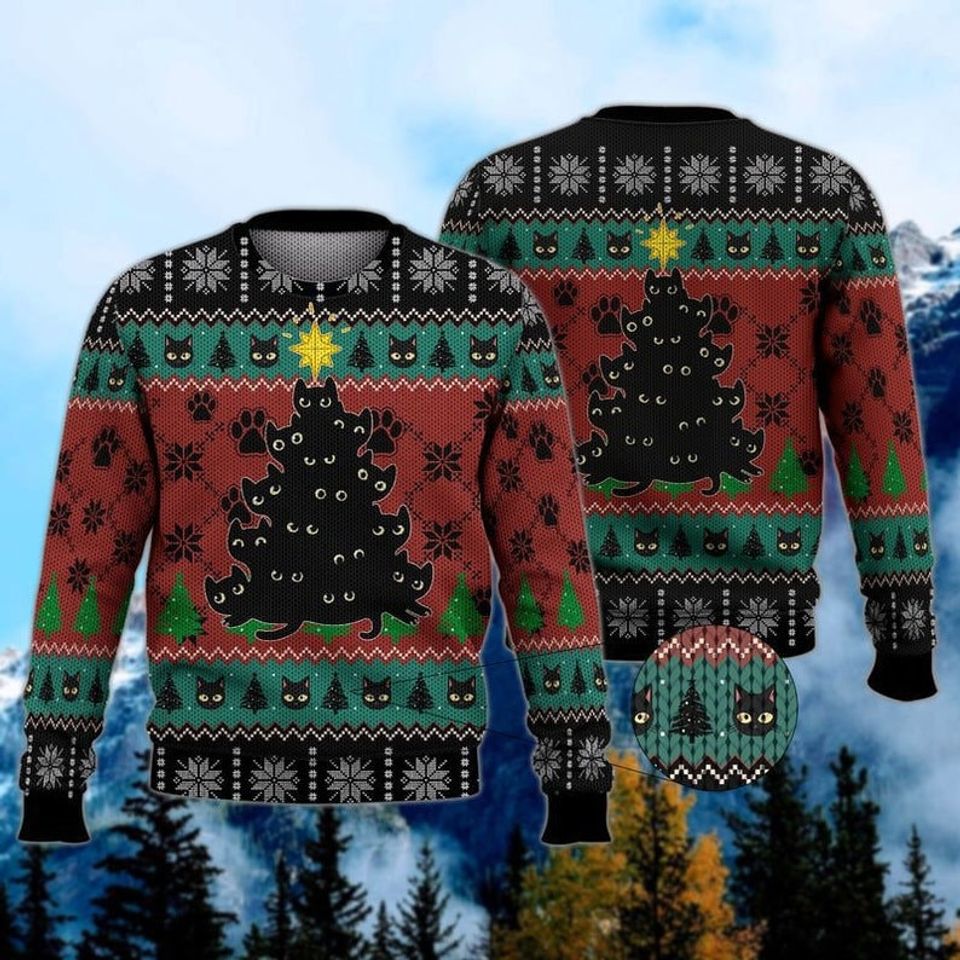 Merry Catmas 3D Ugly Christmas Sweater, Cat Shaped Like A Pine Tree Christmas Sweater