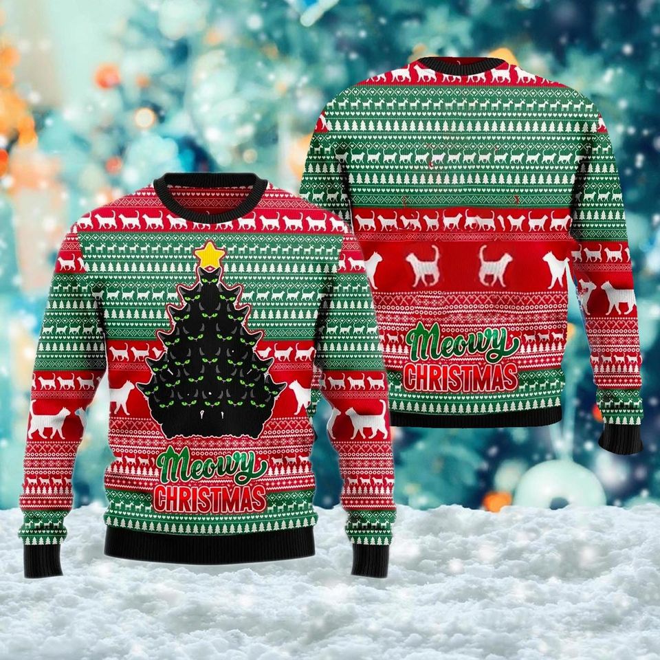 Merry Catmas 3D Ugly Christmas Sweater, Funny Meowy Cat Xmas