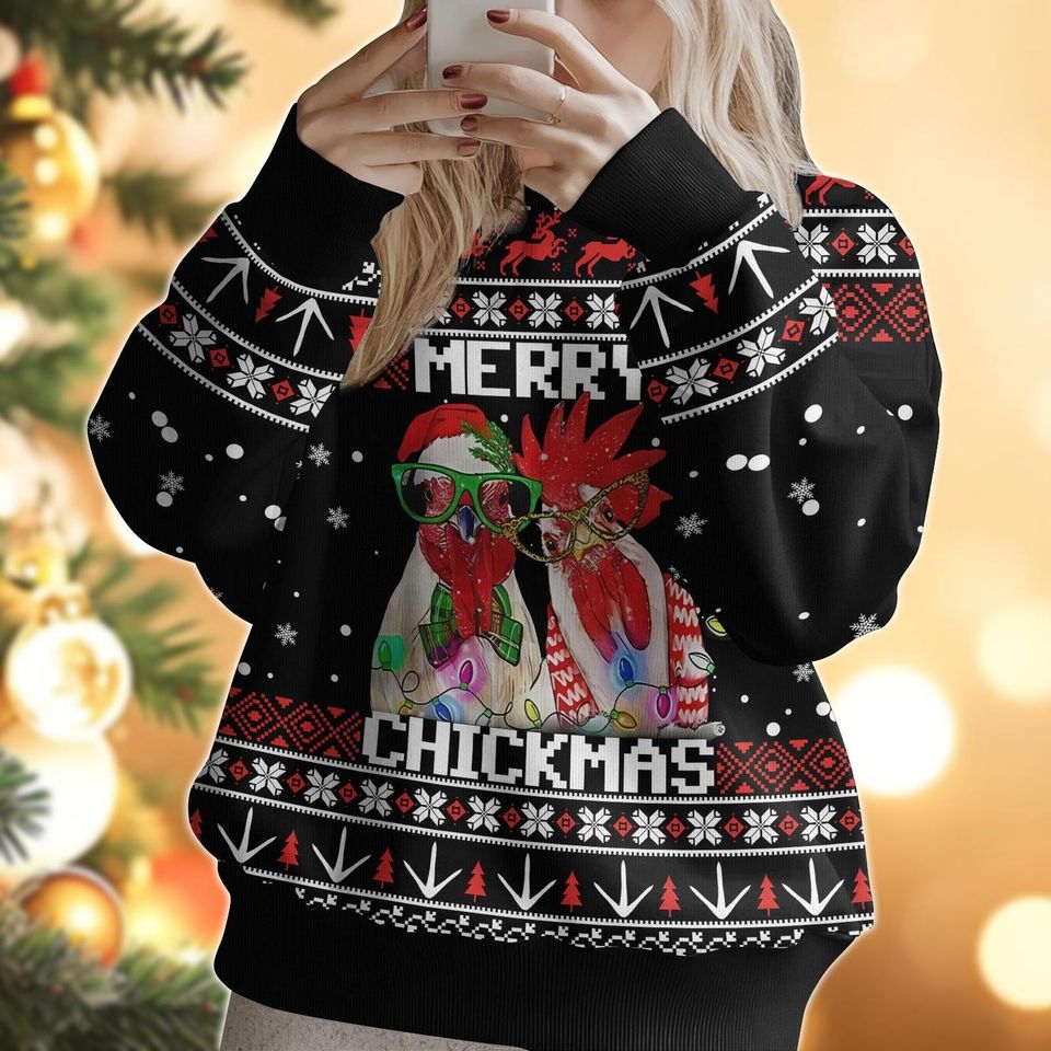 Merry Chickmas Ugly Christmas Sweater, Funny Chicken Ugly Sweatshirt , Farm Animal Gift - Image 5