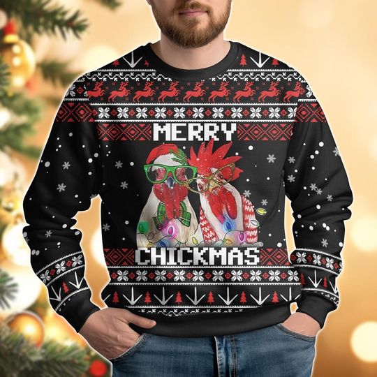 Merry Chickmas Ugly Christmas Sweater, Funny Chicken Ugly Sweatshirt , Farm Animal Gift - Image 9