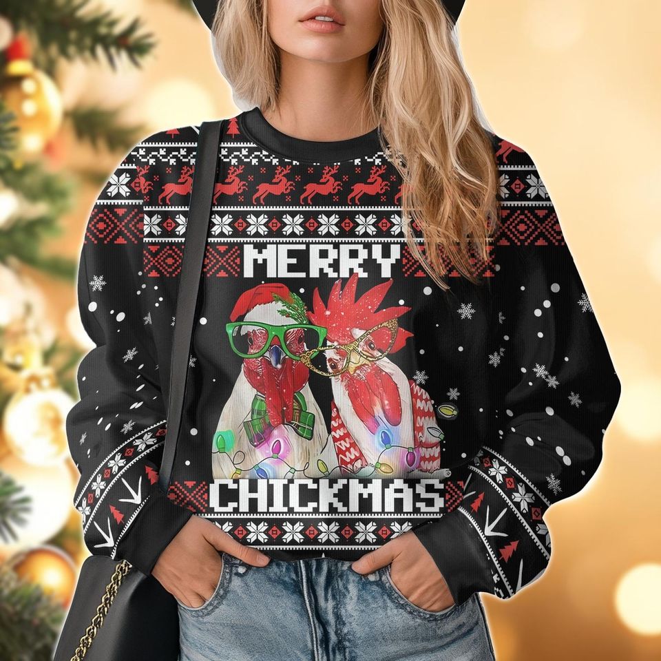 Merry Chickmas Ugly Christmas Sweater, Funny Chicken Ugly Sweatshirt , Farm Animal Gift - Image 3