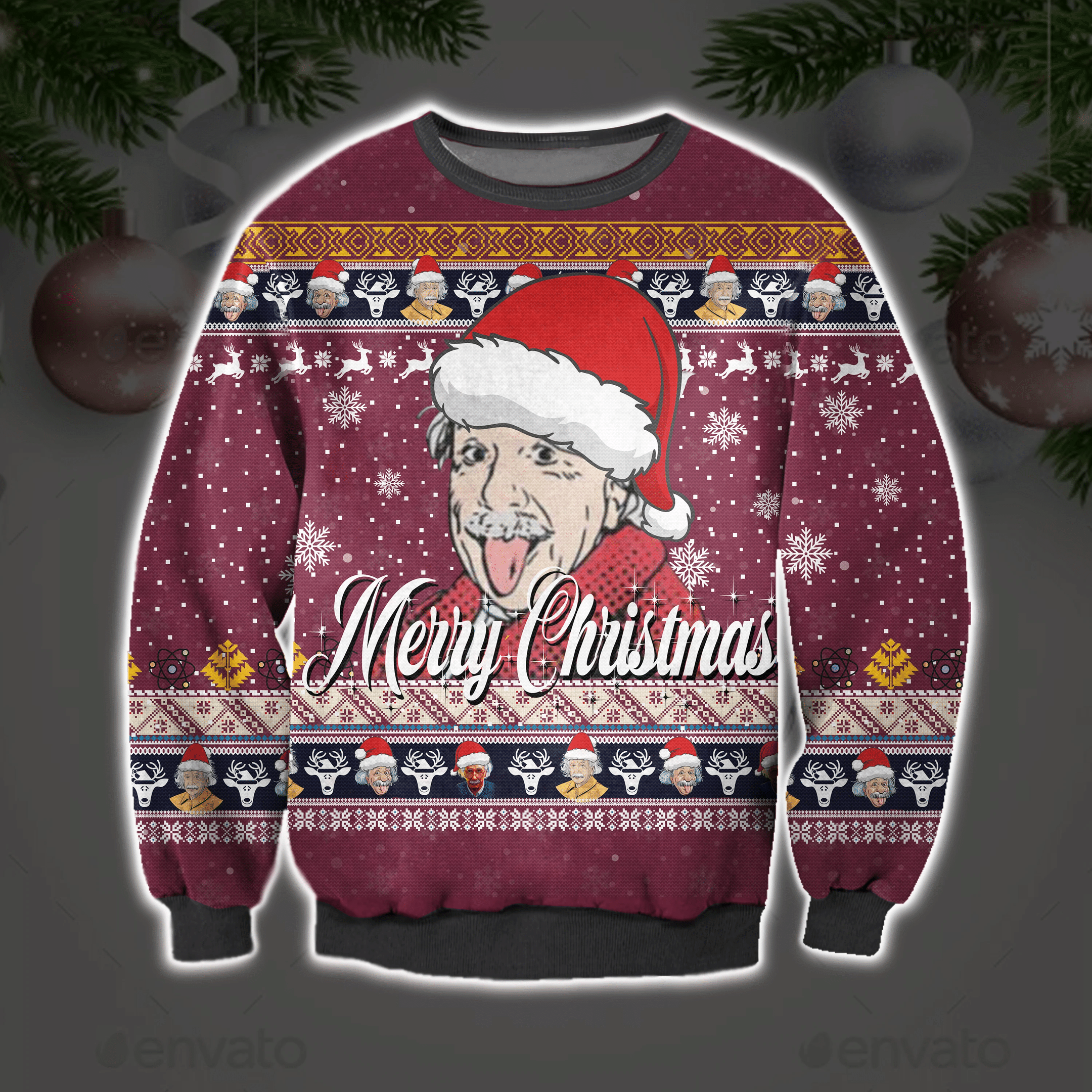 Merry Christmas Albert Einstein Ugly Christmas Sweater Adult 3D Funny Matching for family