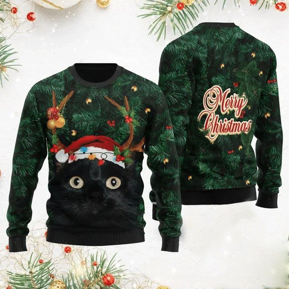 Merry Christmas Black Cat Ugly Christmas Sweater Adult 3D Funny Matching for family