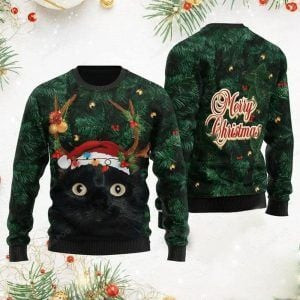 Merry Christmas Black Cat Ugly Christmas Sweater Adult 3D Funny Matching for family