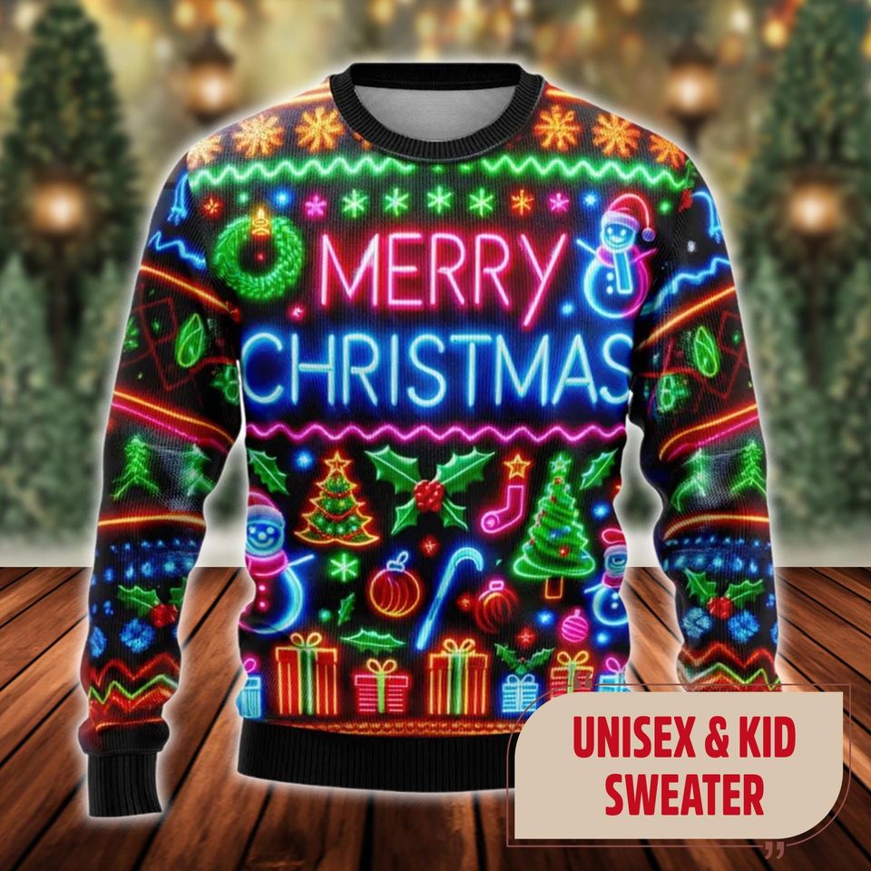 Merry Christmas Bright Neon Lighting Ugly Christmas Sweater