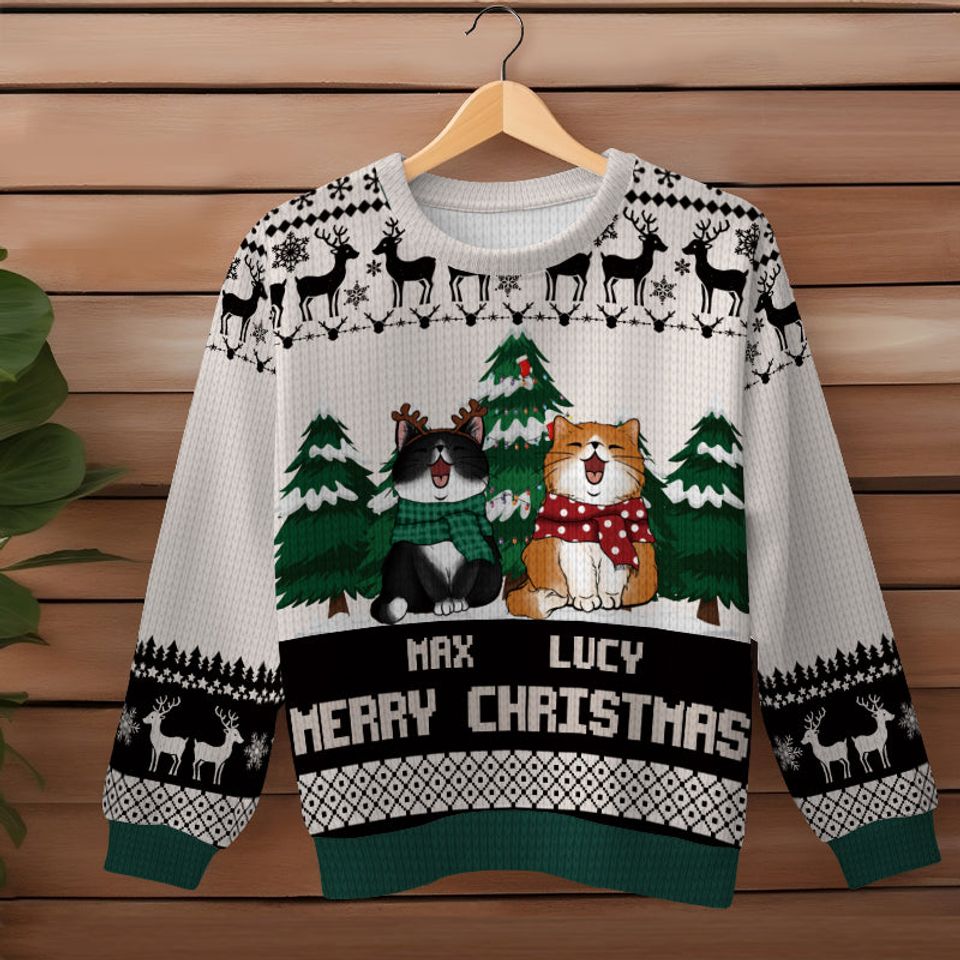 Merry Christmas Cat Christmas Tree - Personalized Customized Ugly Sweater - Christmas Gift For Cat Lover