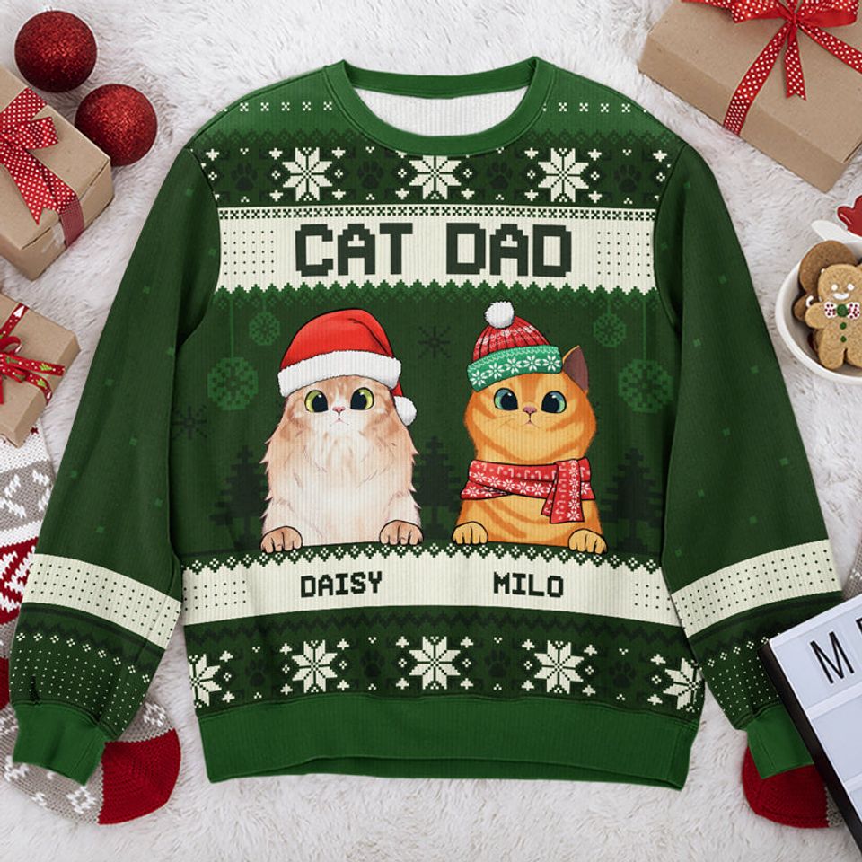 Merry Christmas Cat Dad Cat Mom Personalized Custom Unisex Ugly Xmas Gift Wool Sweatshirt
