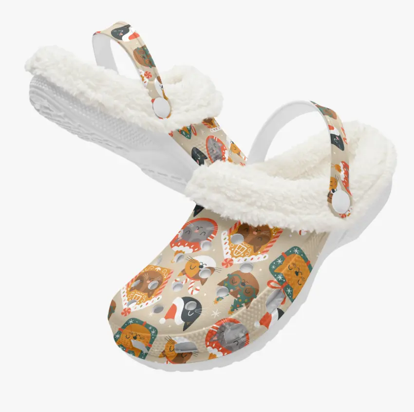 Merry Christmas Cheerful Animal Crocs Crocband Fleece Lined Clogs Shoes Comfortable For Men Women and Kids In Winter