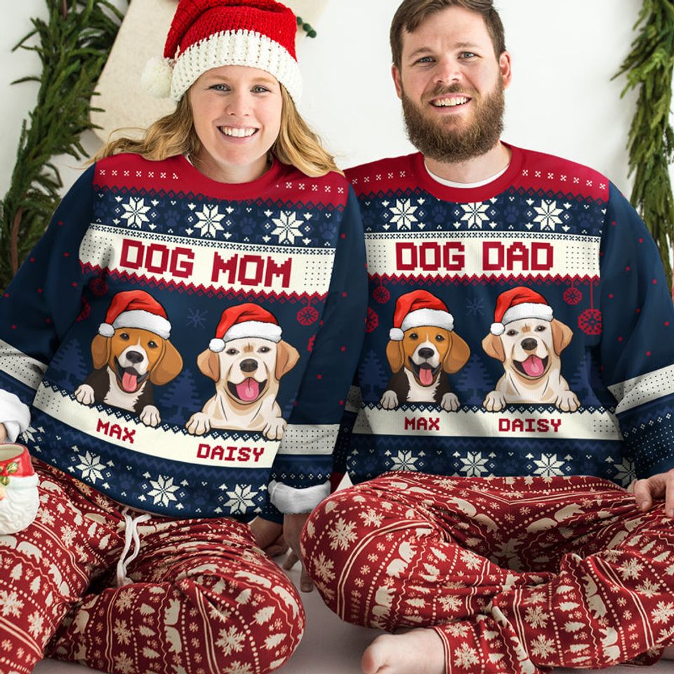 Merry Christmas Dog Dad Dog Mom - Personalized Custom Unisex Ugly Christmas Sweatshirt - Image 3