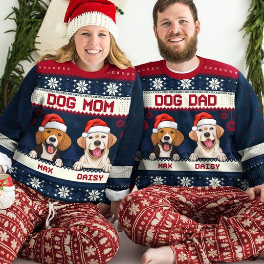 Merry Christmas, Dog Mom Dog Dad - Personalized Custom Unisex Ugly Christmas Sweatshirt - Image 8
