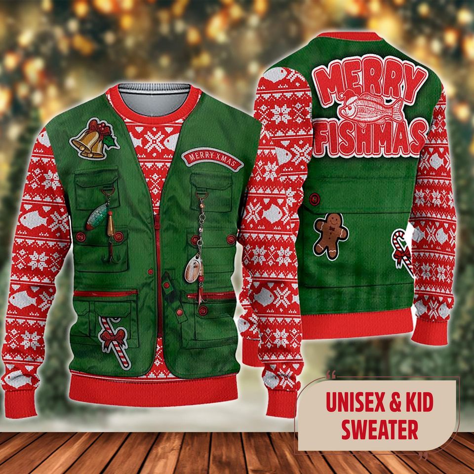 Merry Christmas Fishing Vest Ugly Christmas Sweater, Funny Fishing Vest Xmas Sweatshirt