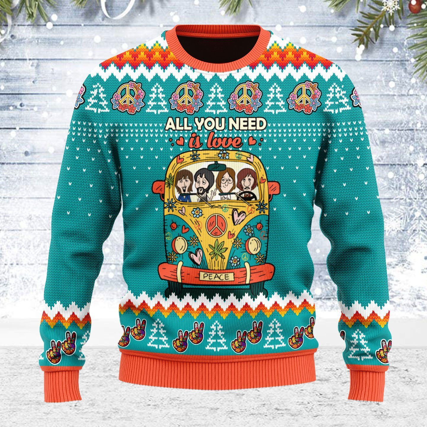 Merry Christmas For Unisex All You Need Is Love Hippie Ugly Christmas Sweater Adult 3D Funny Matching for family
