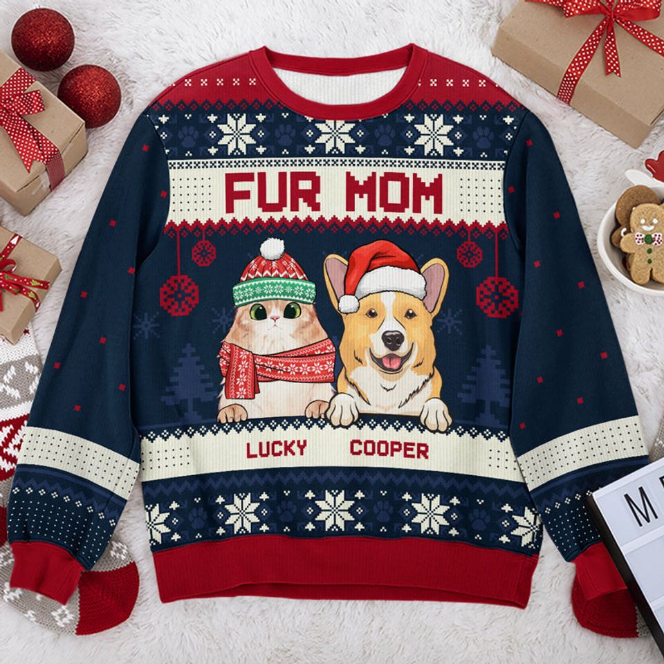 Merry Christmas Fur Mom Fur Dad Personalized Custom Unisex Ugly Christmas Gift Sweatshirt